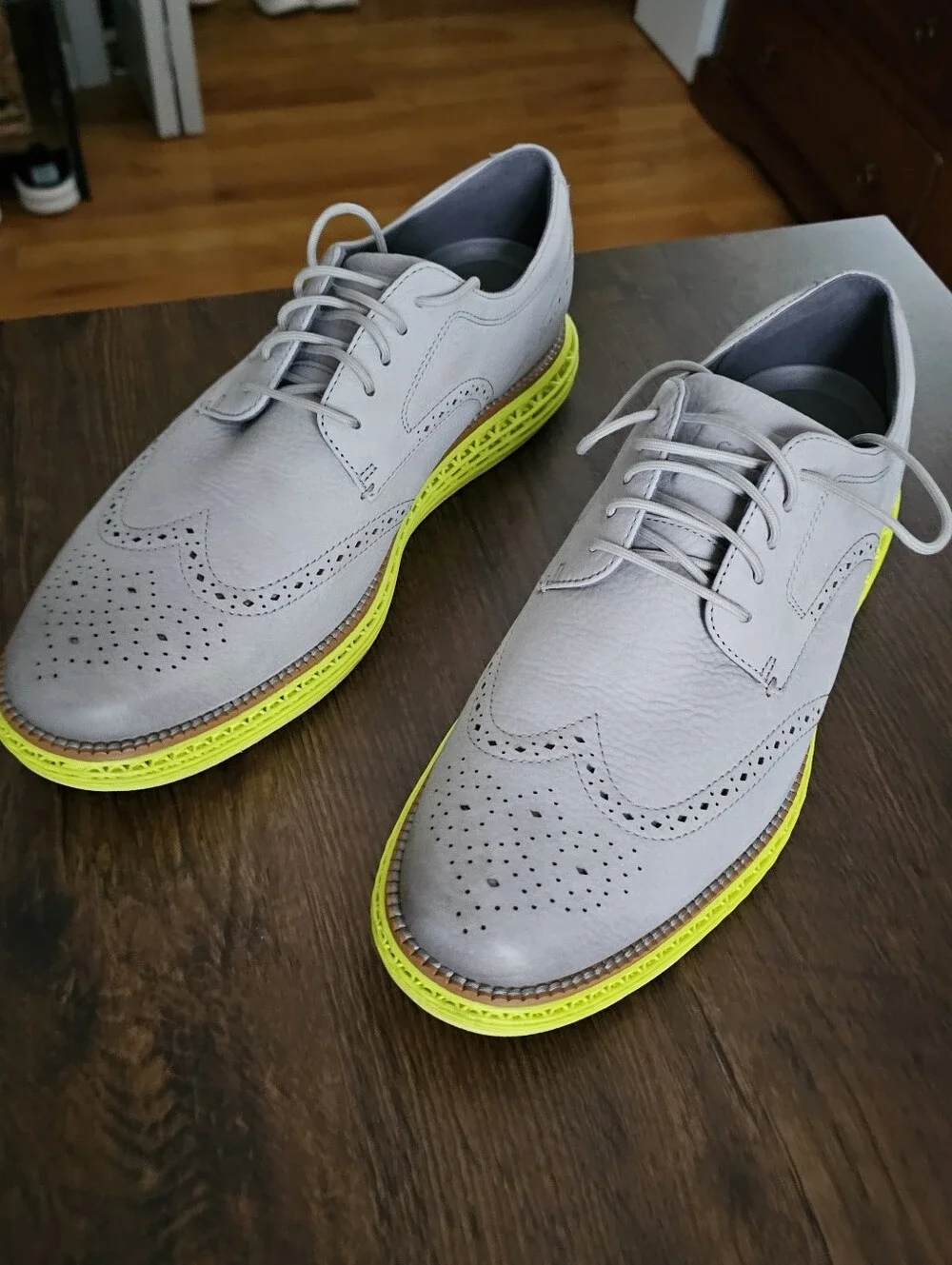 Men's Cole Haan Gray Wingtip Dress Shoes with Neon Yellow Sole Skyweave. Mens 11